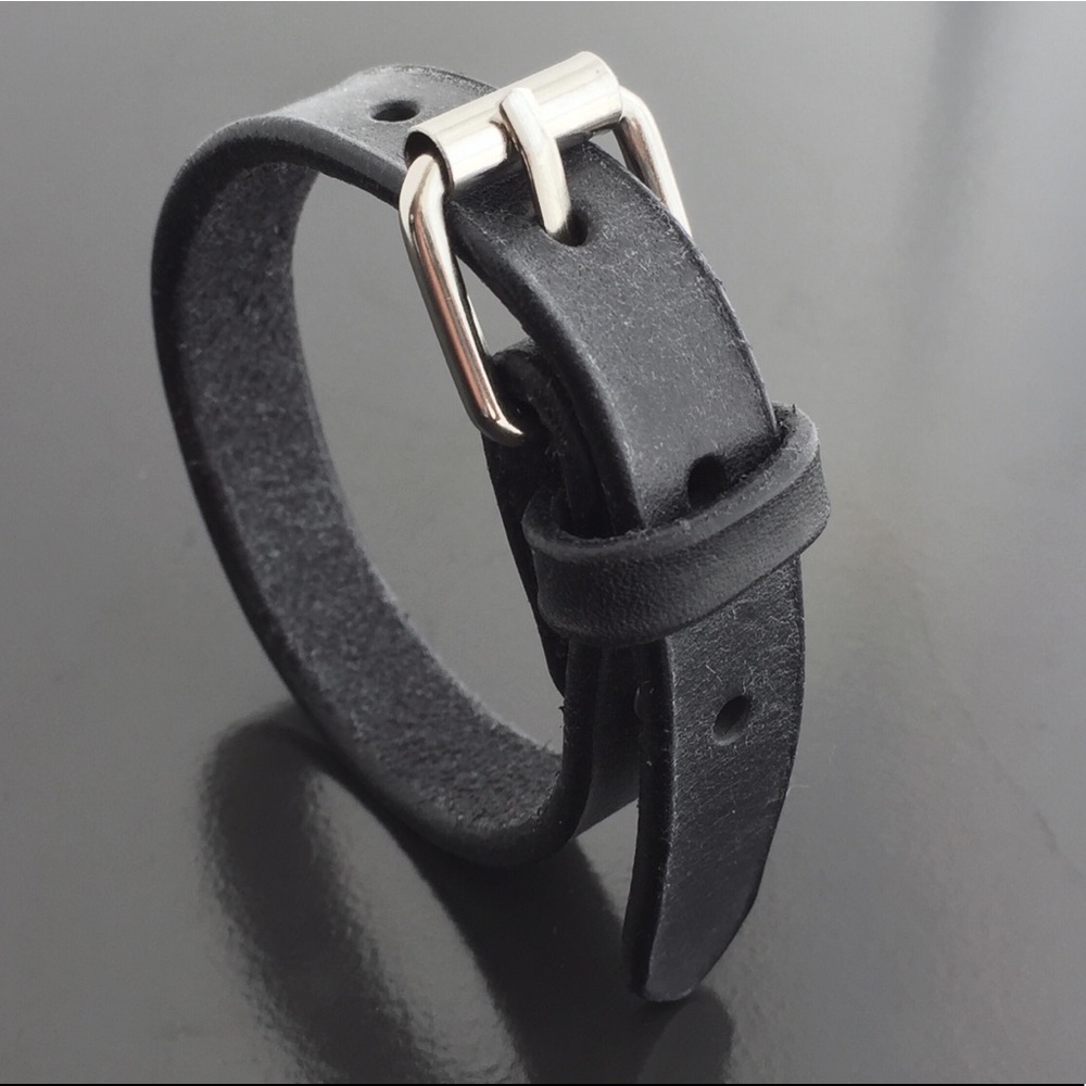 Distressed Leather Bracelet Moto Unisex Black Strap Nickel Hardware